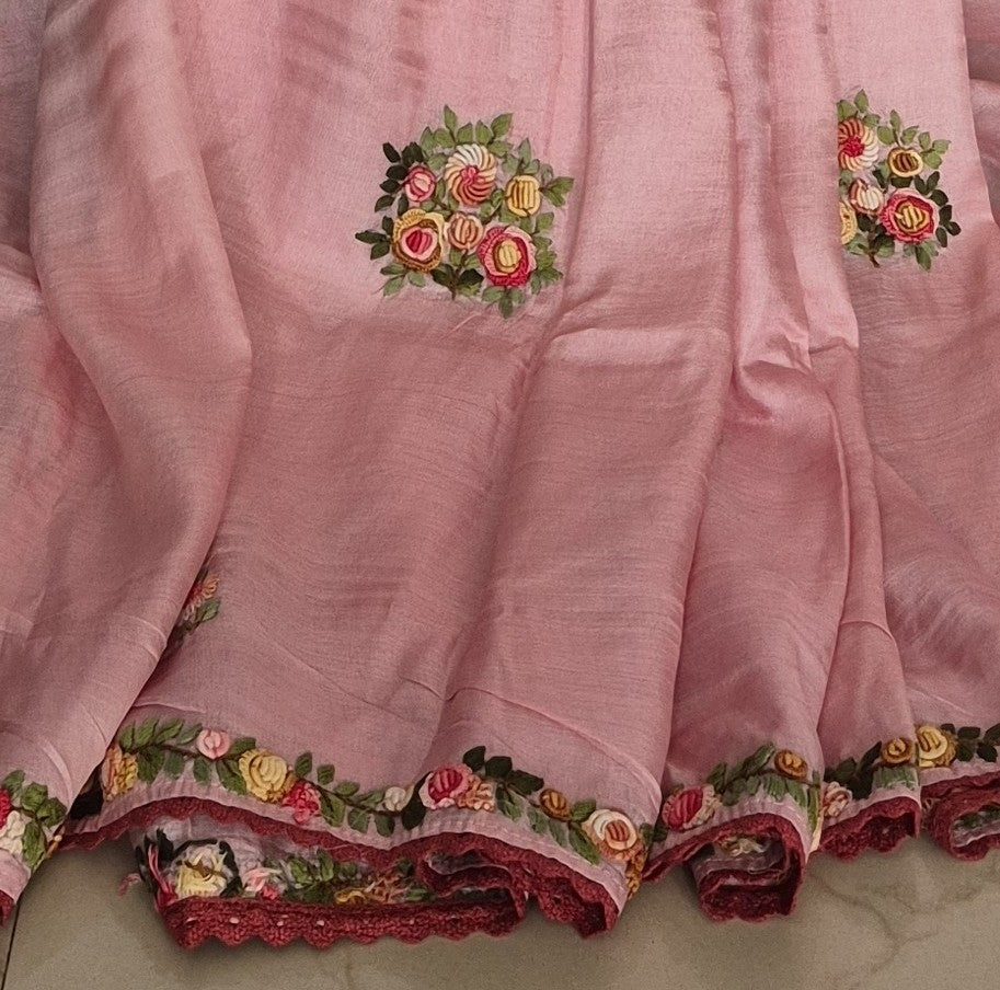 Pure Tussar Silk Saree with Bulliyan Stitch Work | Attached matching full work Blouse | Silk Mark Certified