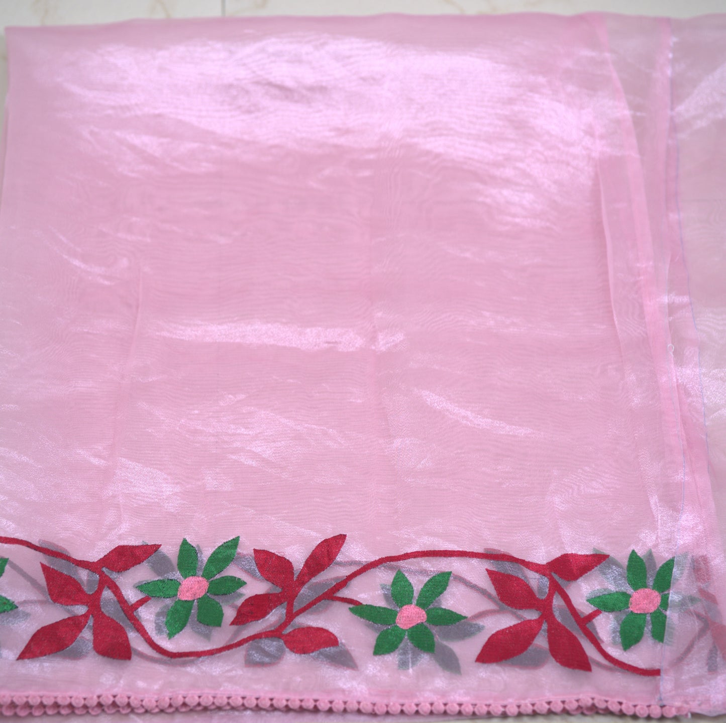Exquisite Glass Tissue Saree with Intricate Thread Handwork & matching work Blouse