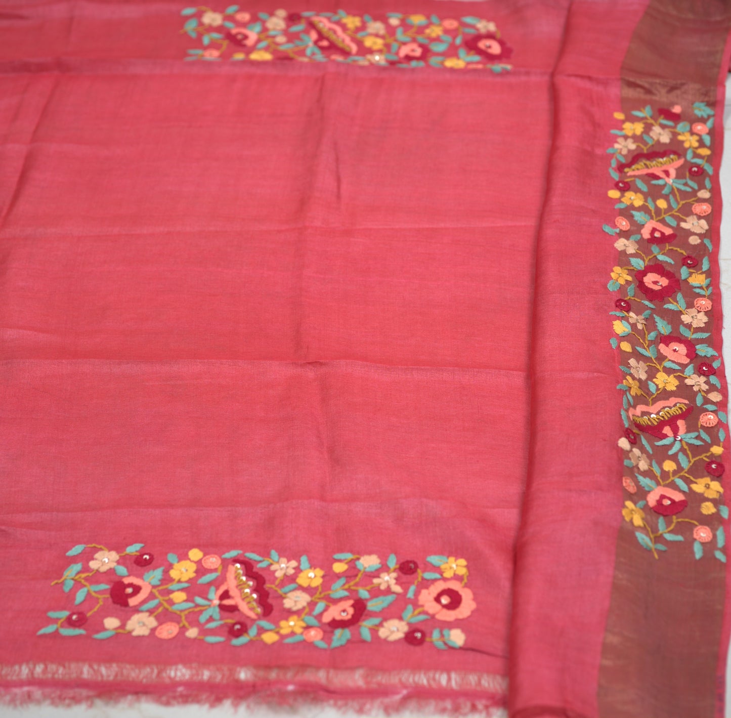 Pure Tussar Silk Saree with Block Print & Gara Parsi Work | Attached matching work Blouse | Silk Mark Certified