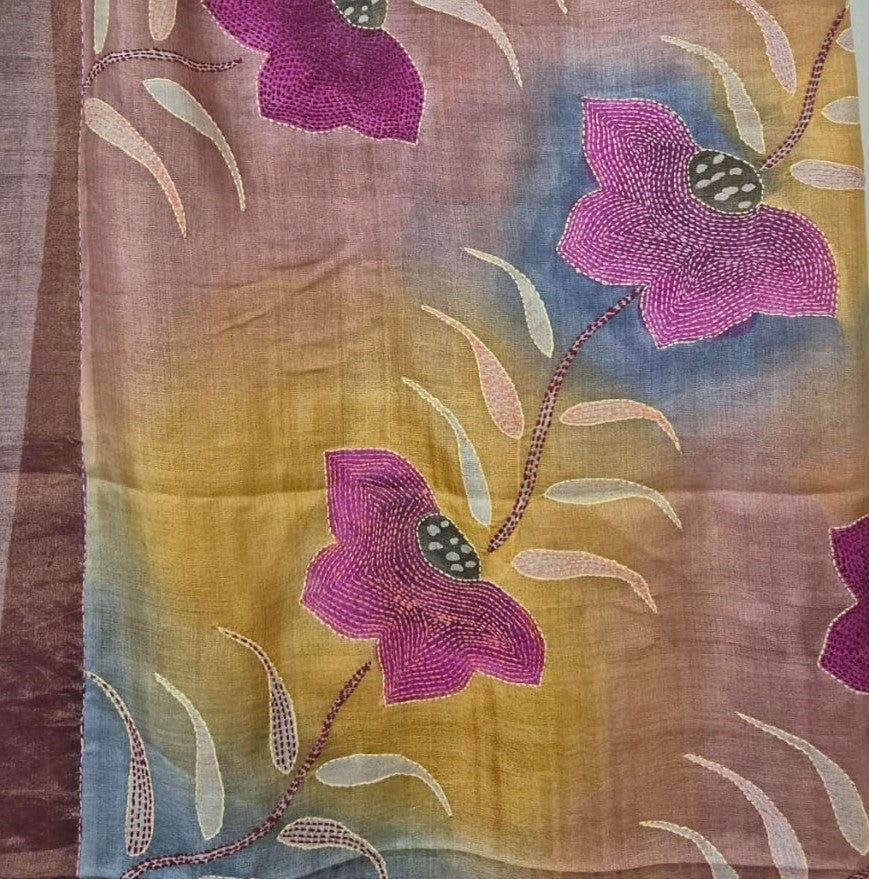 Pure Tussar Silk Saree with Hand Kantha Stitch | Attached Blouse | Silk Mark Certified