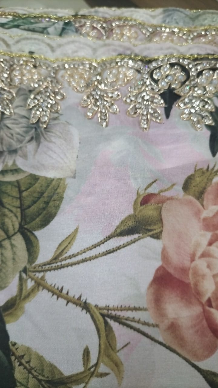 Flat Georgette Saree with Stone Work | Attached work Blouse