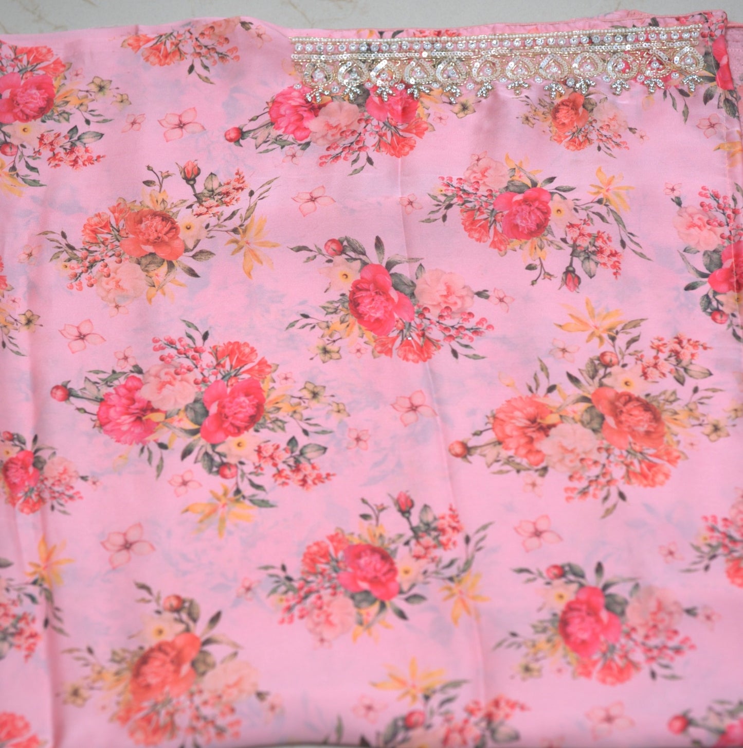 Satin Georgette Fabric Sequence with Cutdana Work Saree with Attached Blouse – Glamorously Stunning & Elegant