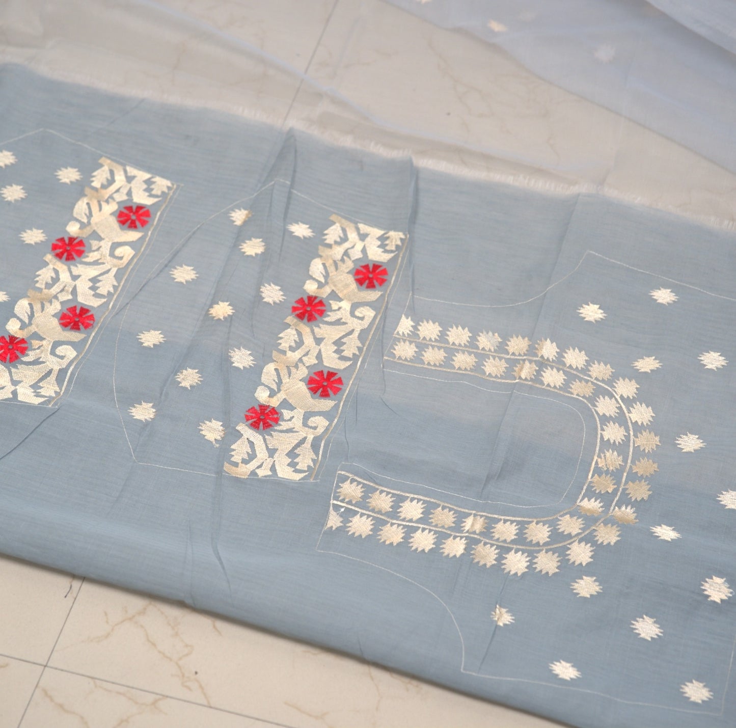 Muslin Embroidery Saree with Attached embroidery Blouse