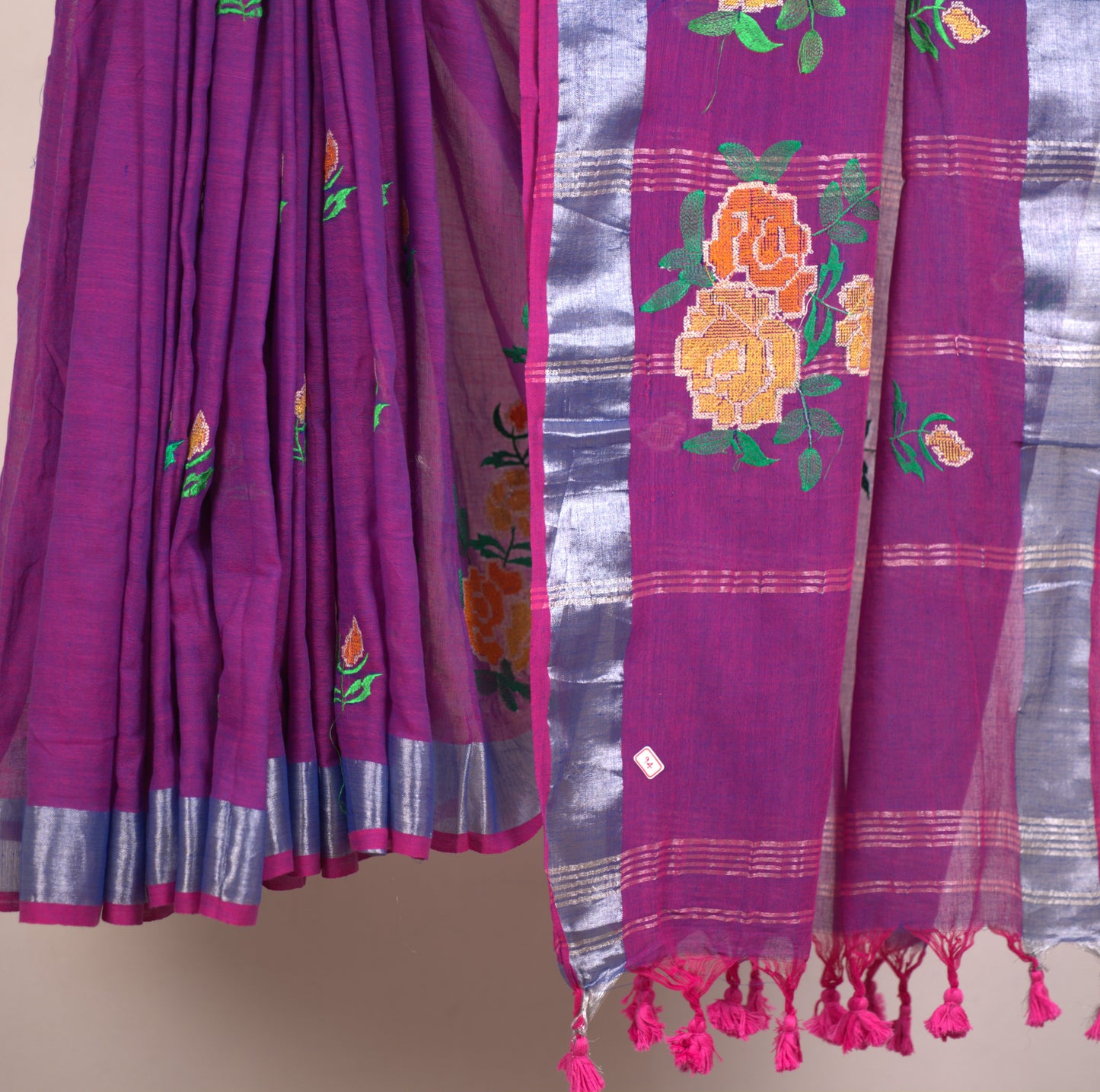 Khadhi Cotton Embroidery Saree with Attached Blouse