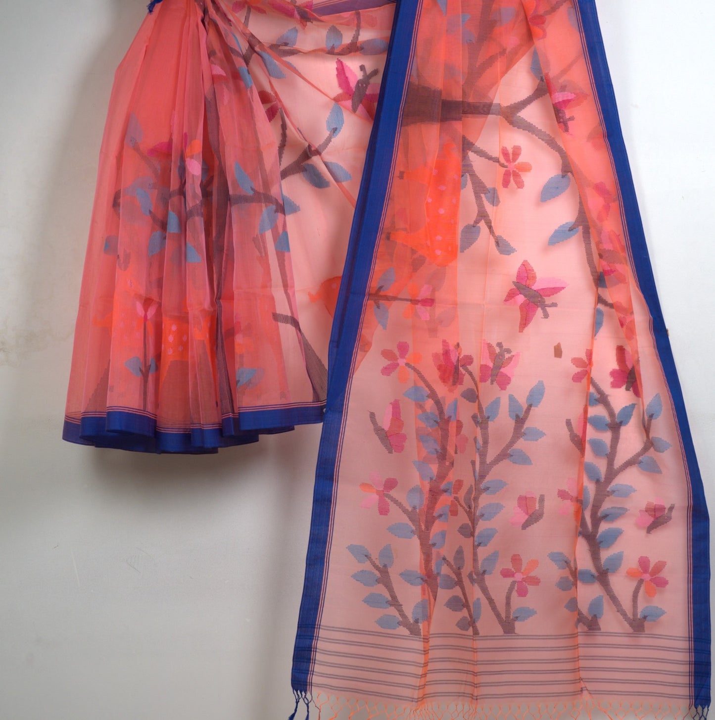 Muslin Deer Motif Saree with Attached Blouse and silk mark certified