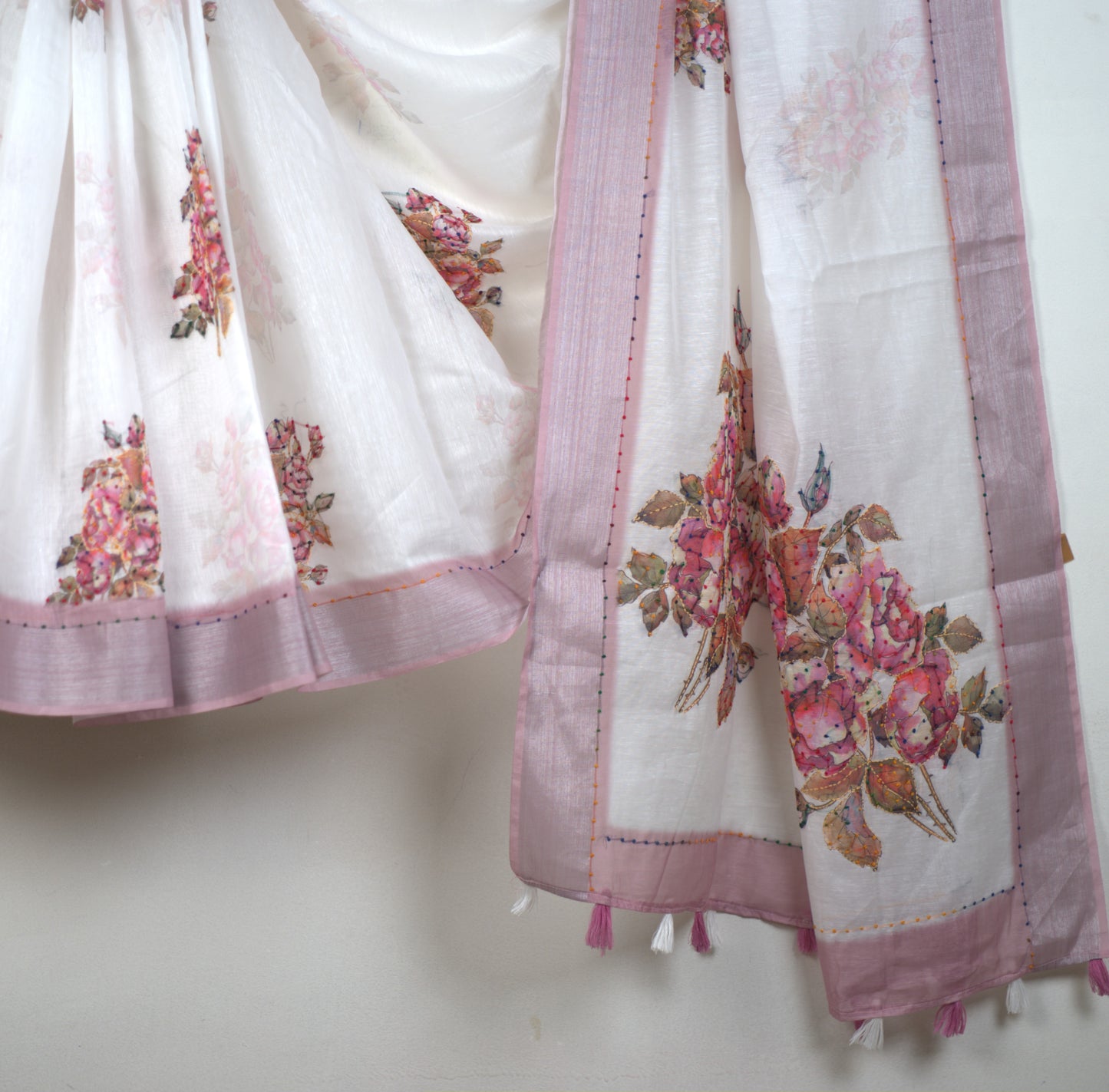 Semi Linen Saree with Kantha Stitch and Attached Blouse