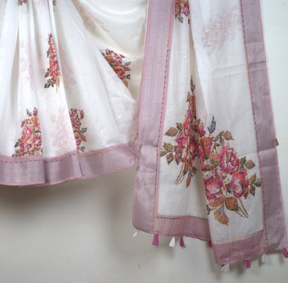 Semi Linen Saree with Kantha Stitch and Attached Blouse