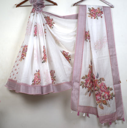 Semi Linen Saree with Kantha Stitch and Attached Blouse