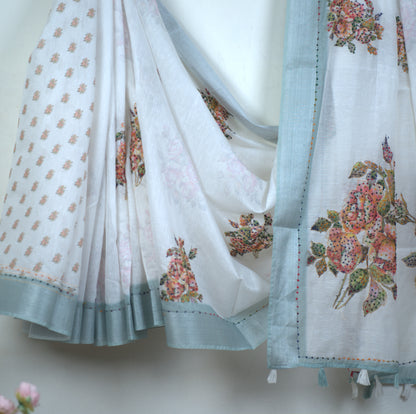 Semi Linen Saree with Kantha Stitch and Attached Blouse