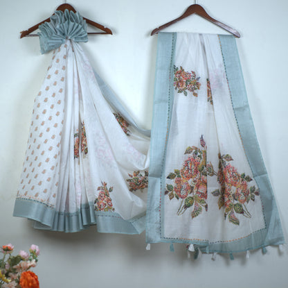 Semi Linen Saree with Kantha Stitch and Attached Blouse