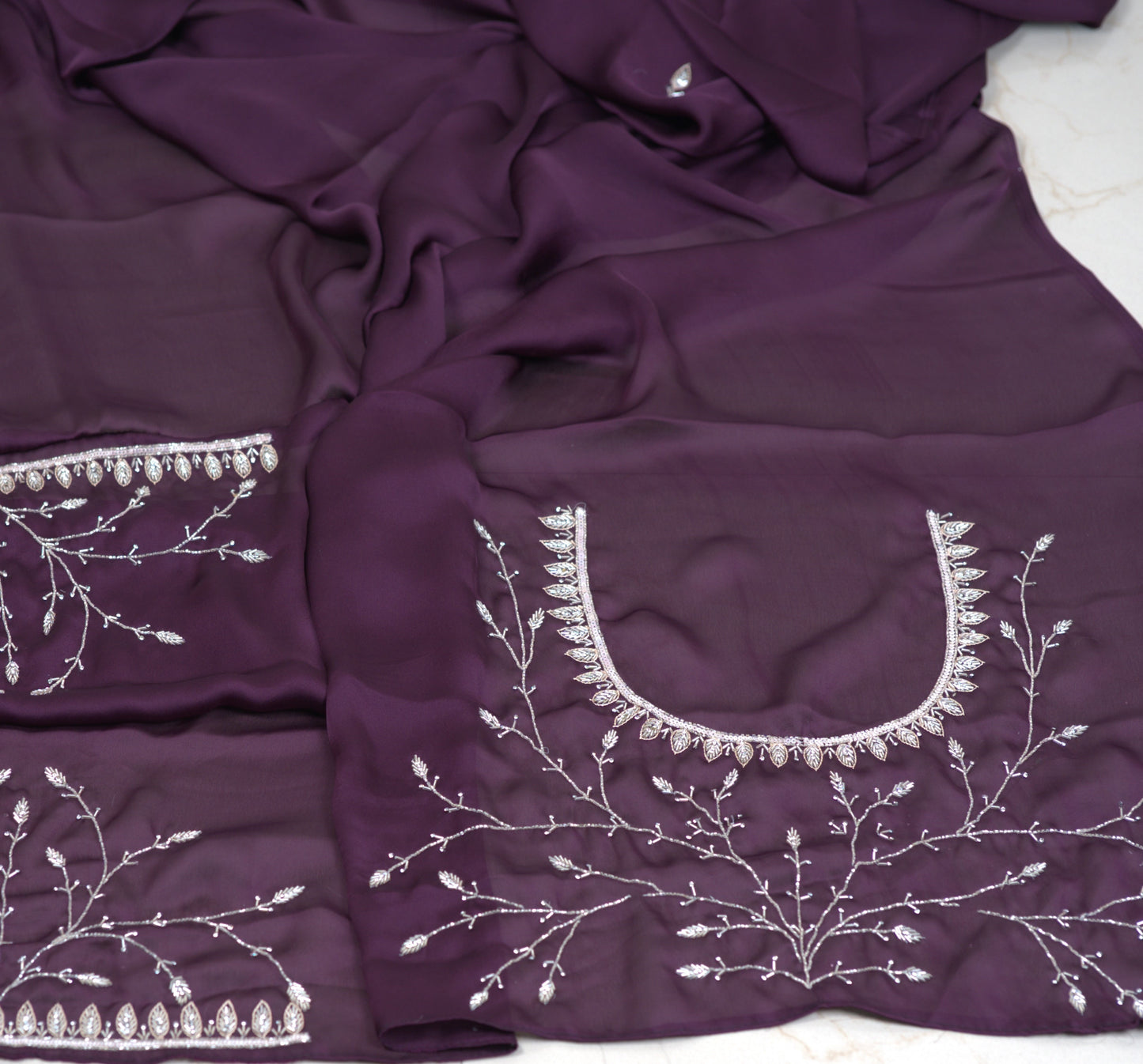 Satin Georgette Saree with Hand Katdhana Work and matching full  work  Blouse