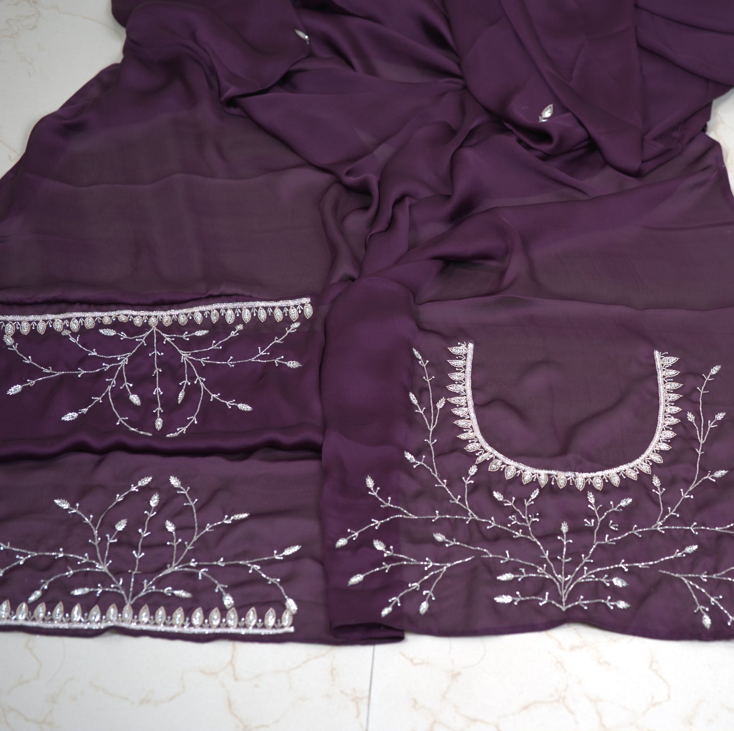 Satin Georgette Saree with Hand Katdhana Work and matching full  work  Blouse