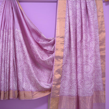 Pure Tussar Silk Saree with Chikankari Work & Attached Blouse | Silk Mark Certified