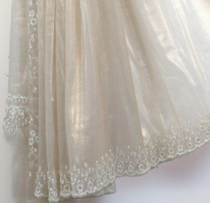 Raina Tissue Saree with Handwork Pearl & Katdhana Work Necklace Pattern | Attached matching work Blouse