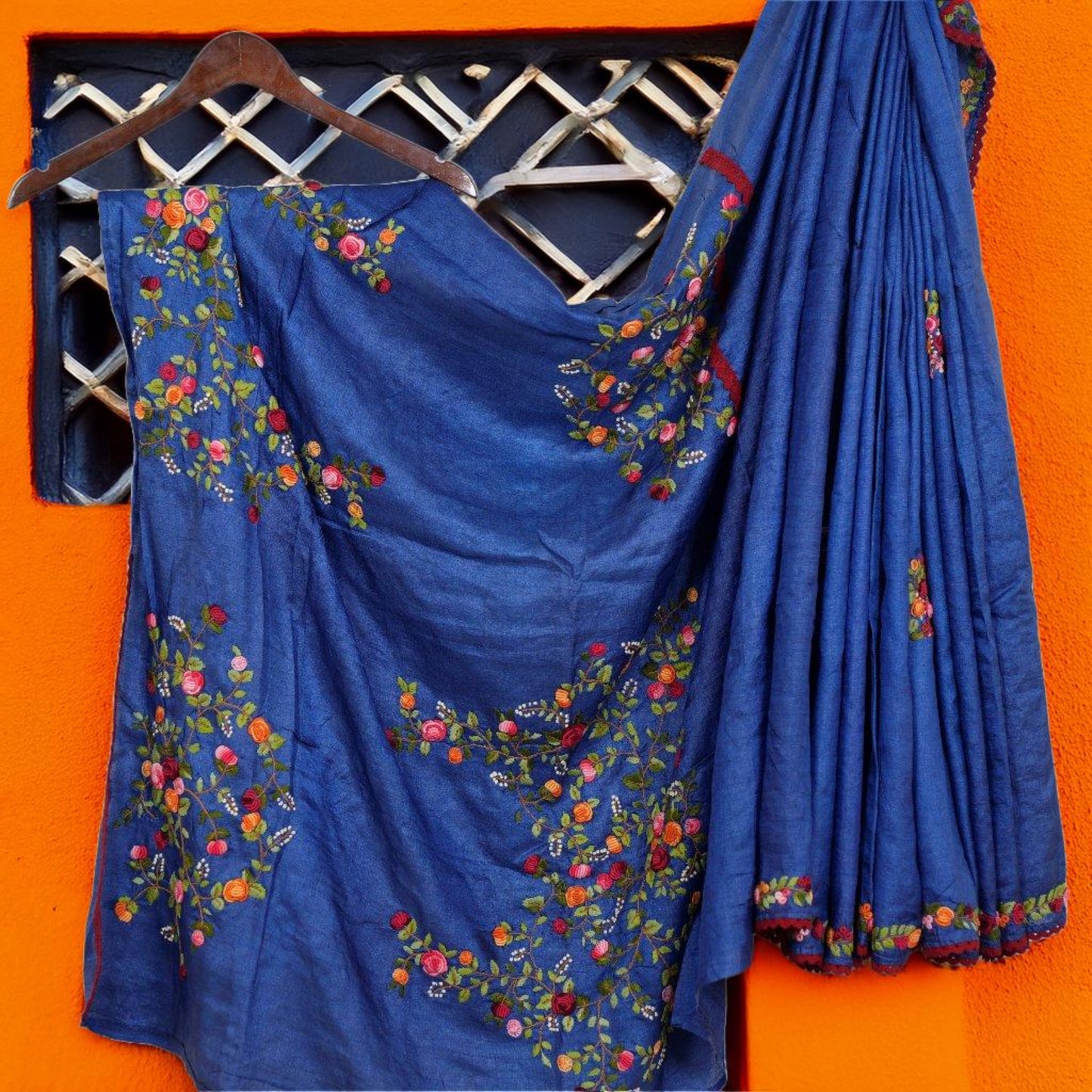 Pure Tussar Silk Saree with Bulliyan Stitch Work | Attached matching full work Blouse | Silk Mark Certified