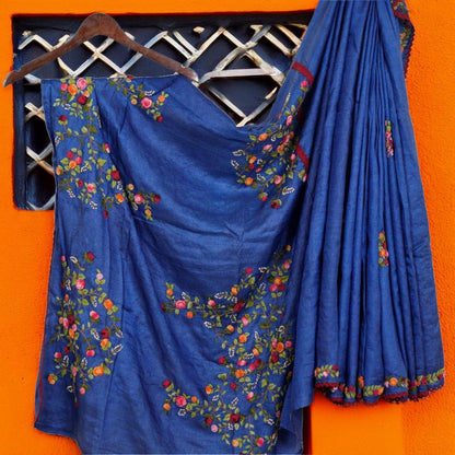 Pure Tussar Silk Saree with Bulliyan Stitch Work | Attached matching full work Blouse | Silk Mark Certified