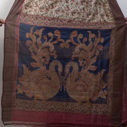 Luxurious Pure Tussar Silk Saree with Exquisite Aari Stitch & Attached Blouse (Silk Mark Certified)