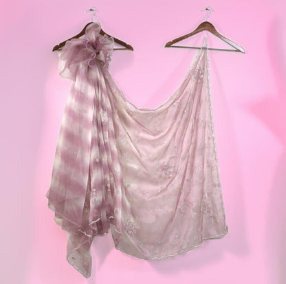 Elegant Glass Tissue Saree with Handcrafted Katdana & Pearl Work  with matching full work Blouse