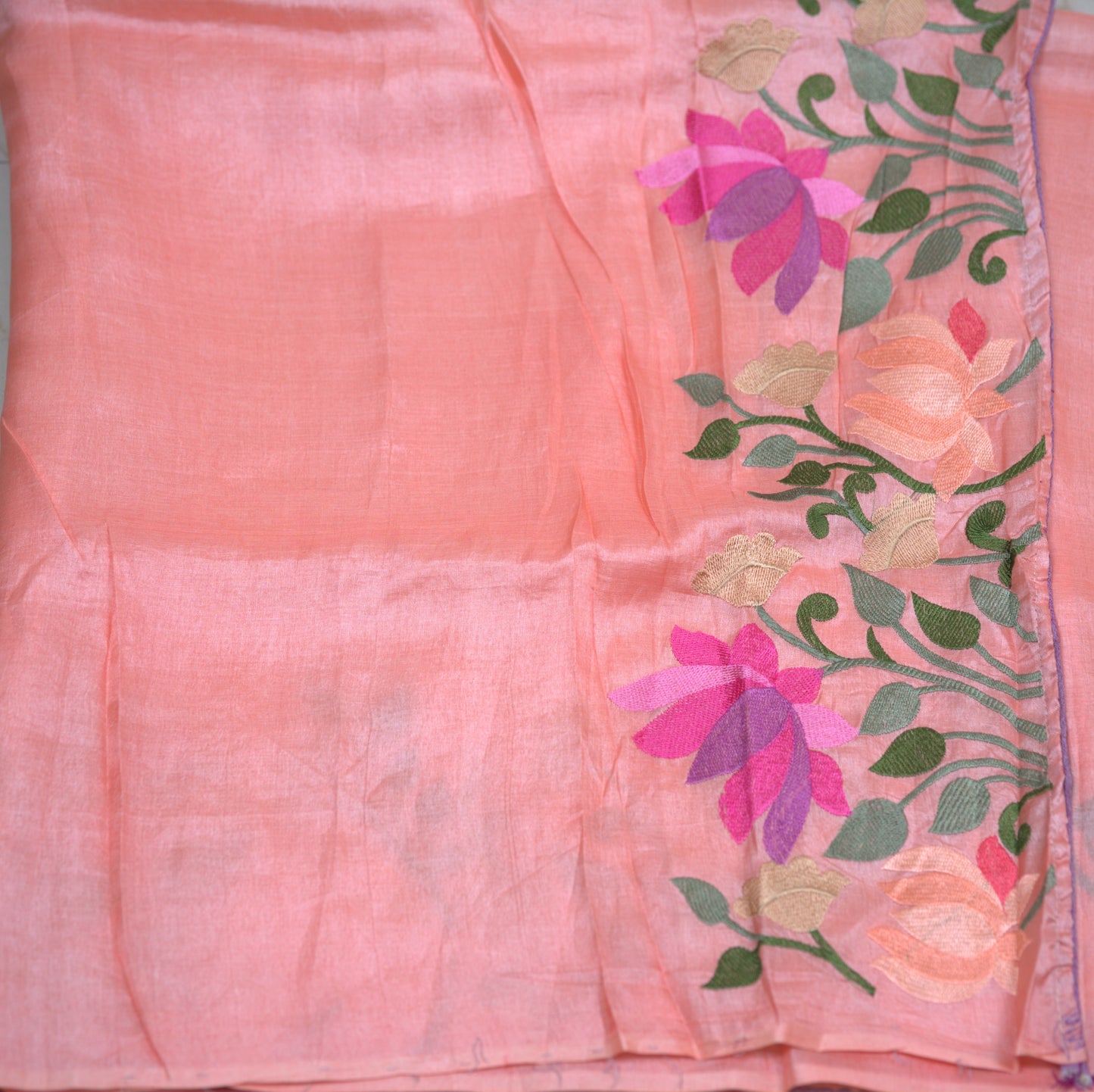 Pure Tussar Silk Saree with Exquisite Machine Parsi Work & matching work Blouse (Silk Mark Certified)