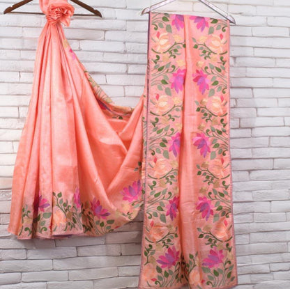 Pure Tussar Silk Saree with Exquisite Machine Parsi Work & matching work Blouse (Silk Mark Certified)