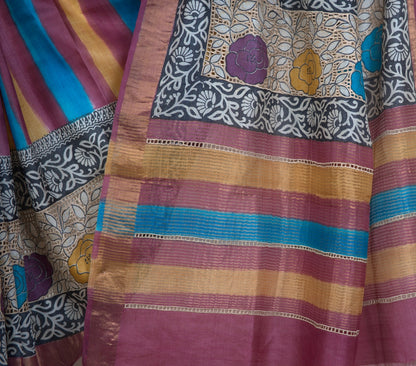 Pure Tussar Silk Saree with Exquisite Cut Work & Hand Print – Attached matching work Blouse (Silk Mark Certified)