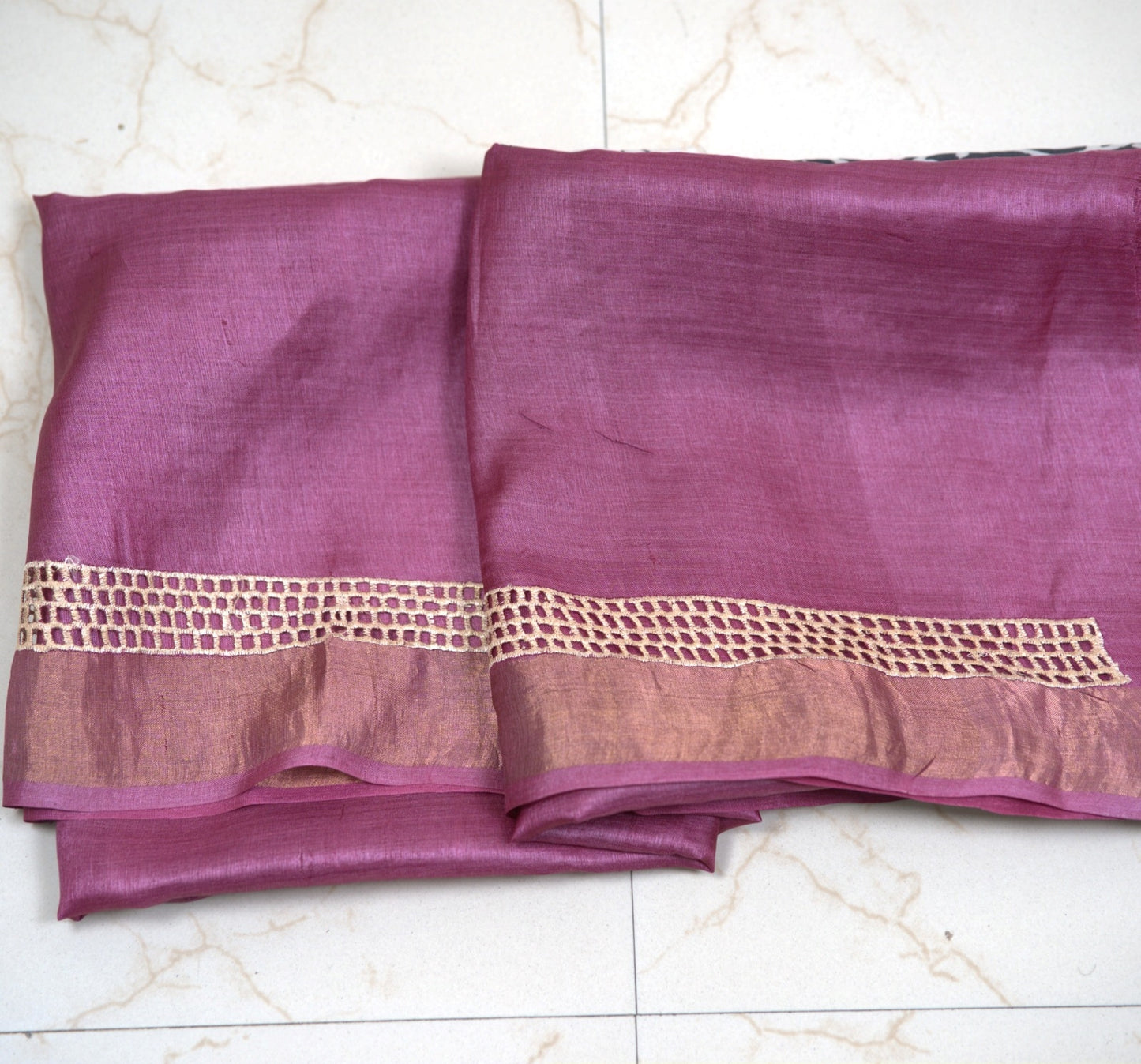 Pure Tussar Silk Saree with Exquisite Cut Work & Hand Print – Attached matching work Blouse (Silk Mark Certified)