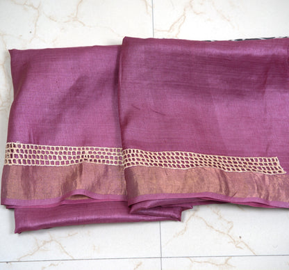 Pure Tussar Silk Saree with Exquisite Cut Work & Hand Print – Attached matching work Blouse (Silk Mark Certified)
