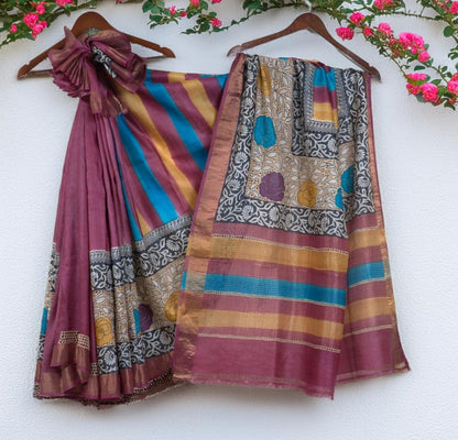 Pure Tussar Silk Saree with Exquisite Cut Work & Hand Print – Attached matching work Blouse (Silk Mark Certified)