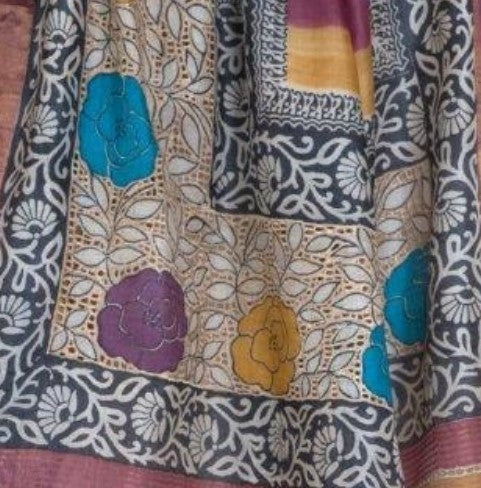 Pure Tussar Silk Saree with Exquisite Cut Work & Hand Print – Attached matching work Blouse (Silk Mark Certified)