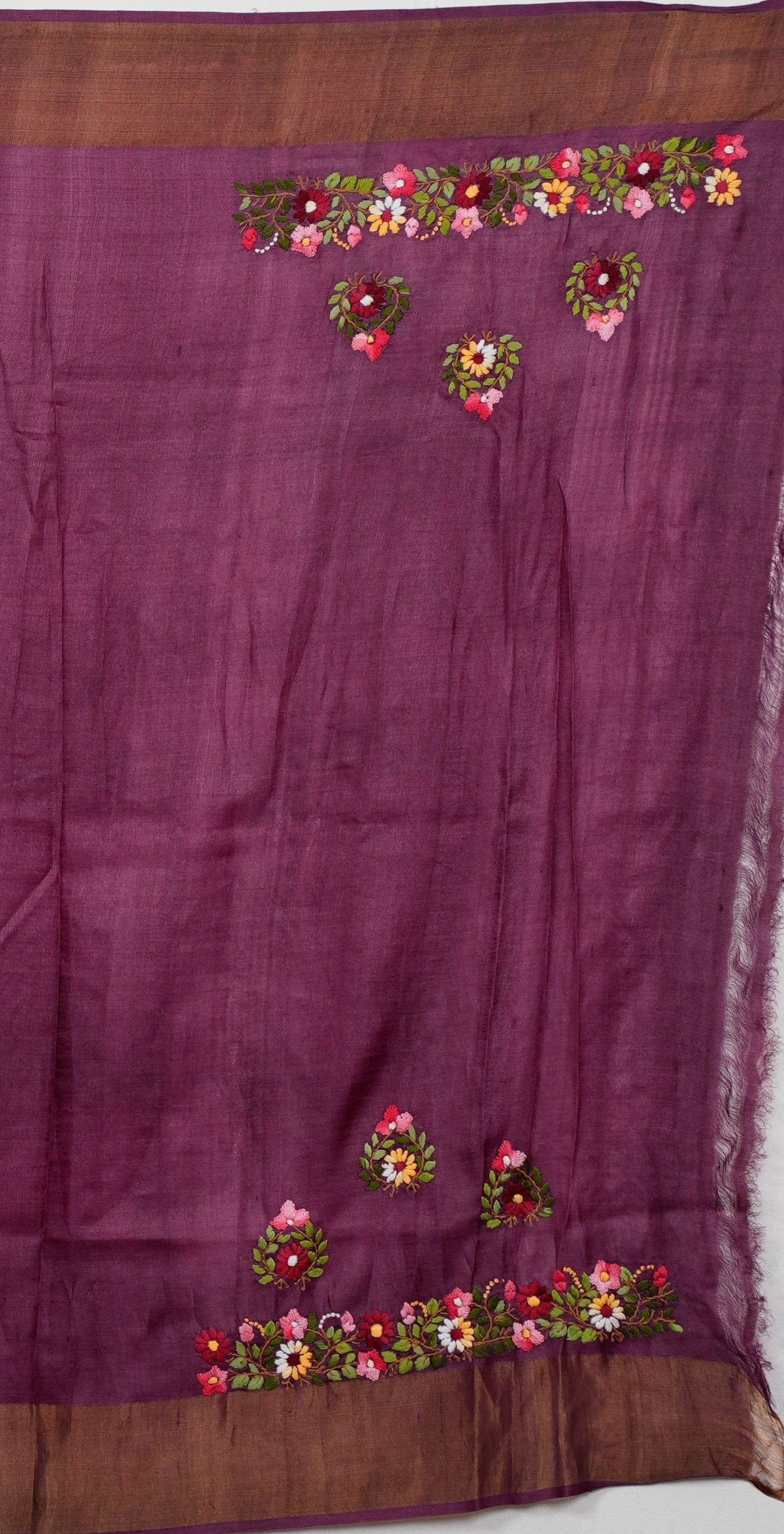 Pure Tussar Silk Saree with Handcrafted Parsi Work & Block Print – Attached matching work Blouse (Silk Mark Certified)