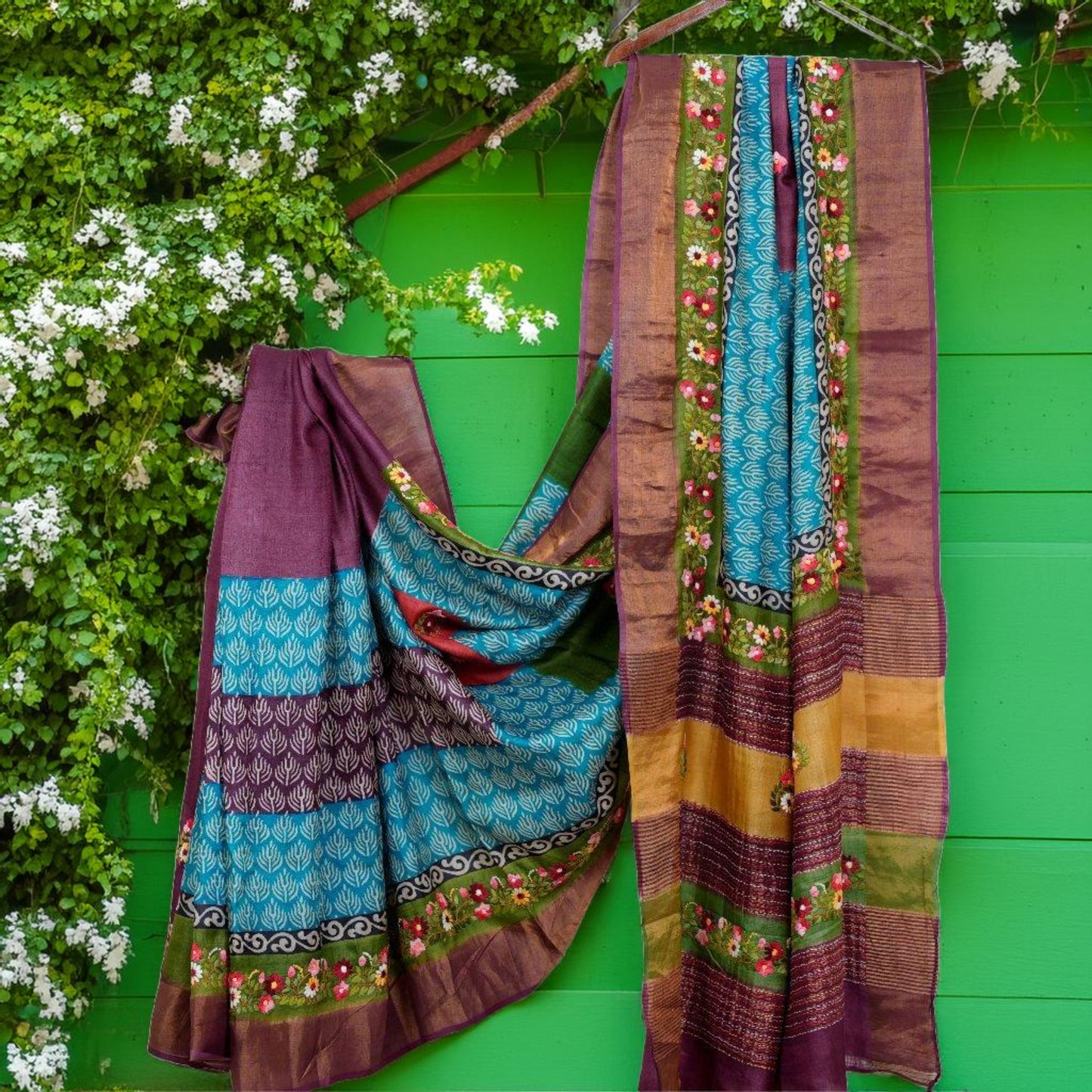 Pure Tussar Silk Saree with Handcrafted Parsi Work & Block Print – Attached matching work Blouse (Silk Mark Certified)