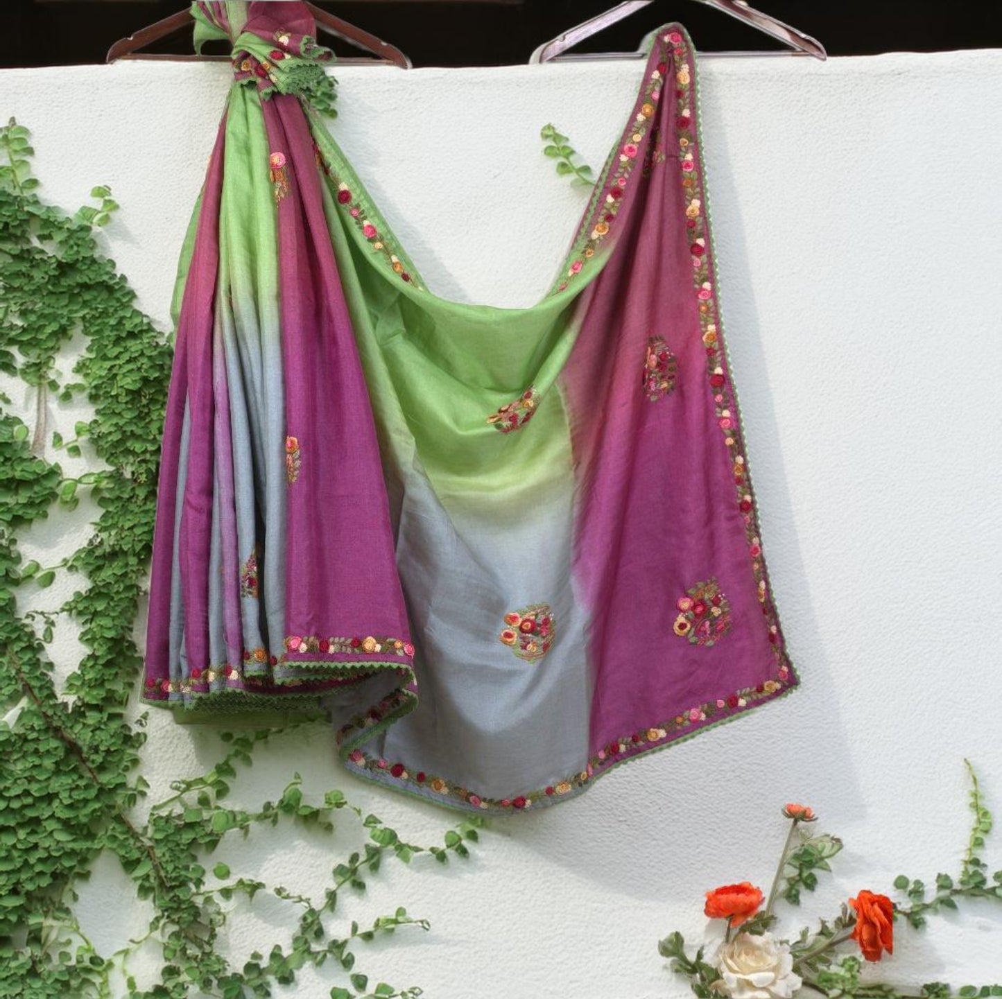 Pure Tussar Silk Saree with Hand Bulliyan Stitch | Attached matching full work  Blouse | Silk Mark Certified