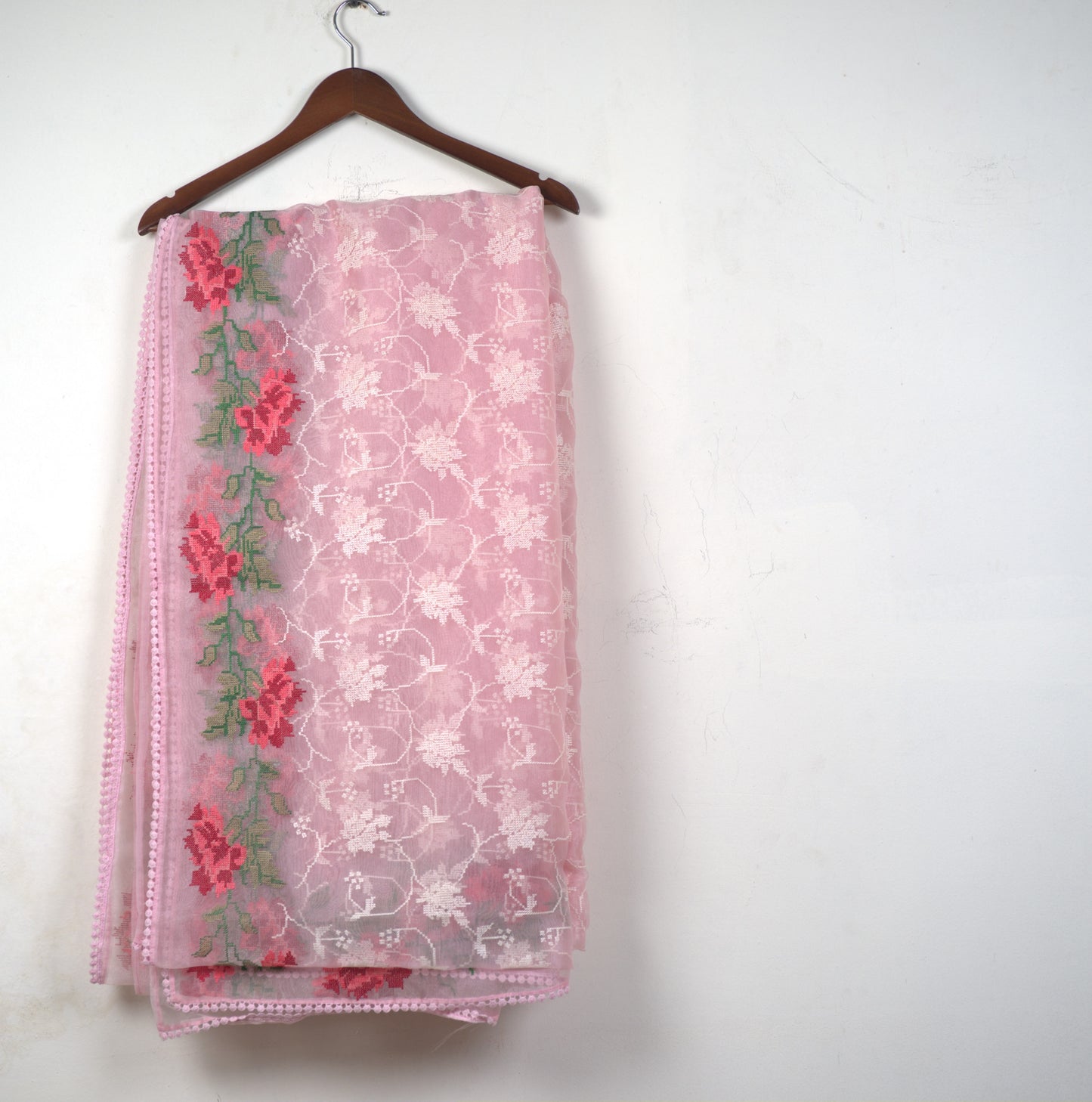 Glass Tissue Fabric Saree with Cross Stitch | Attached matching work Blouse