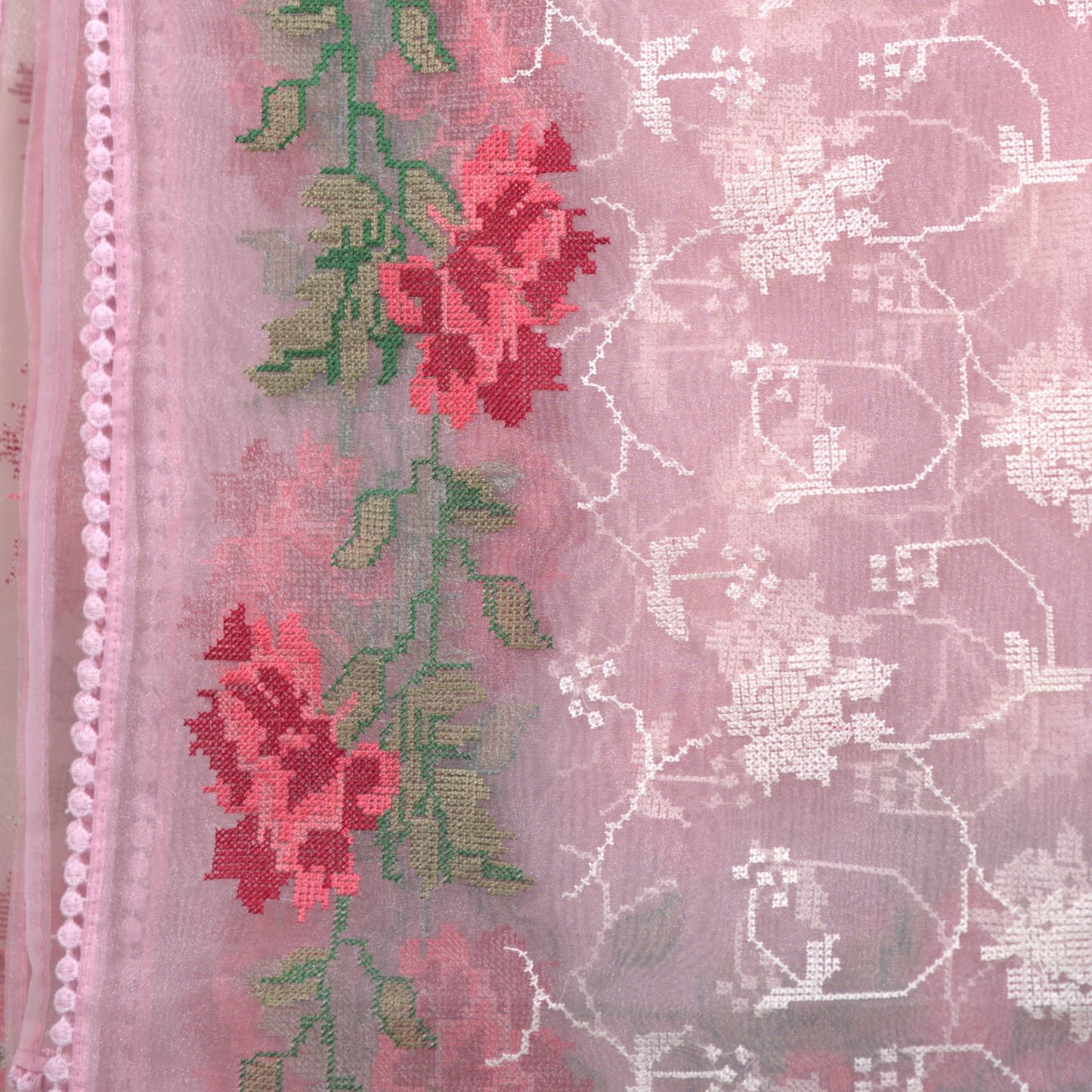 Glass Tissue Fabric Saree with Cross Stitch | Attached matching work Blouse