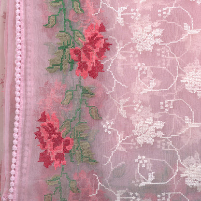 Glass Tissue Fabric Saree with Cross Stitch | Attached matching work Blouse