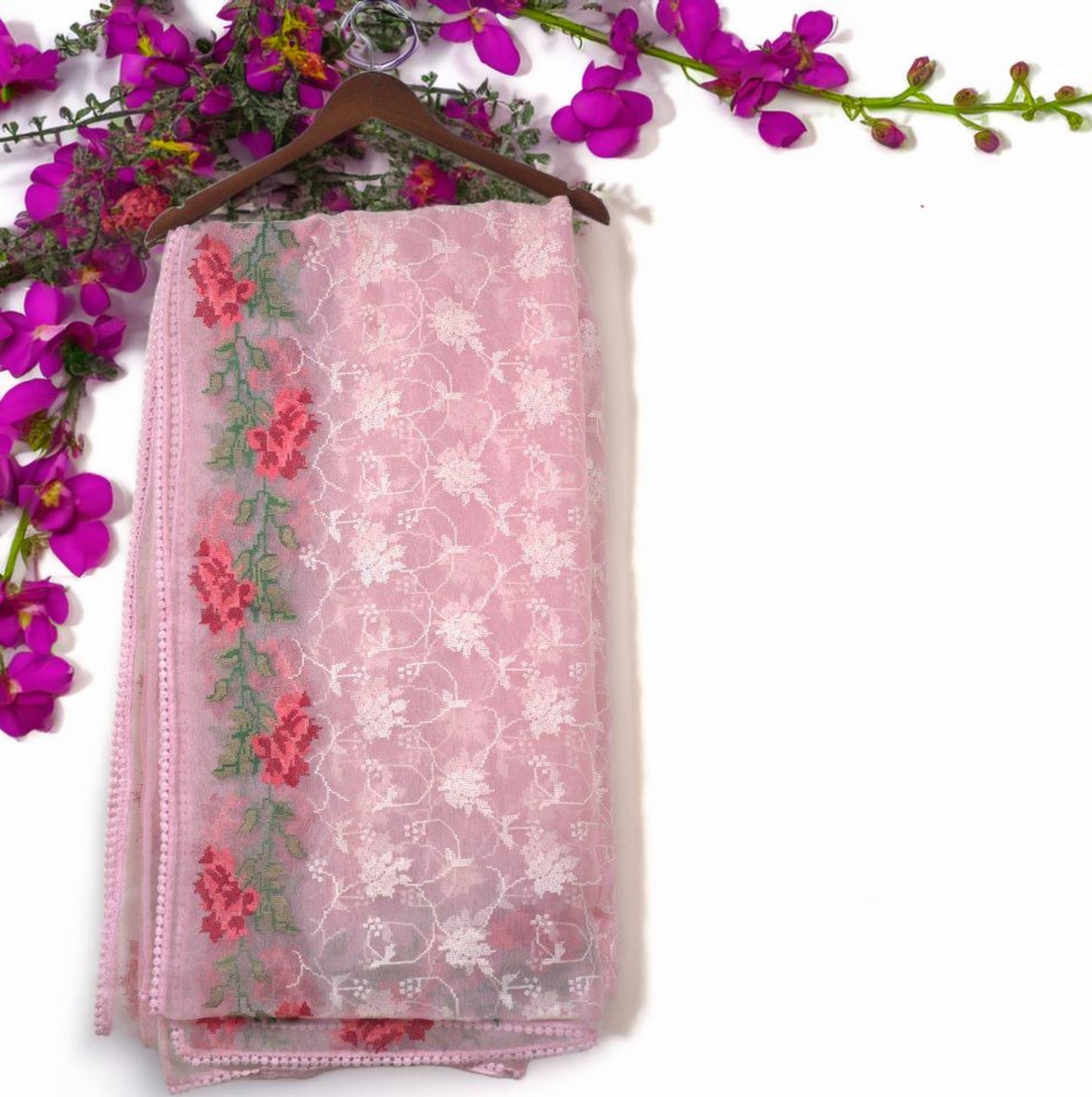 Glass Tissue Fabric Saree with Cross Stitch | Attached matching work Blouse