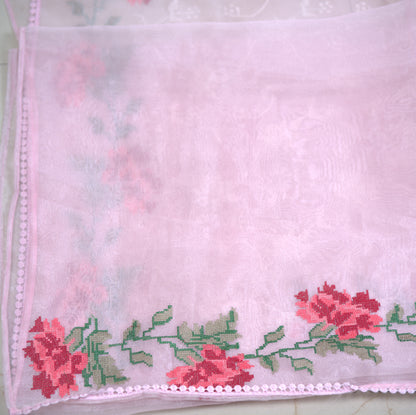 Glass Tissue Fabric Saree with Cross Stitch | Attached matching work Blouse