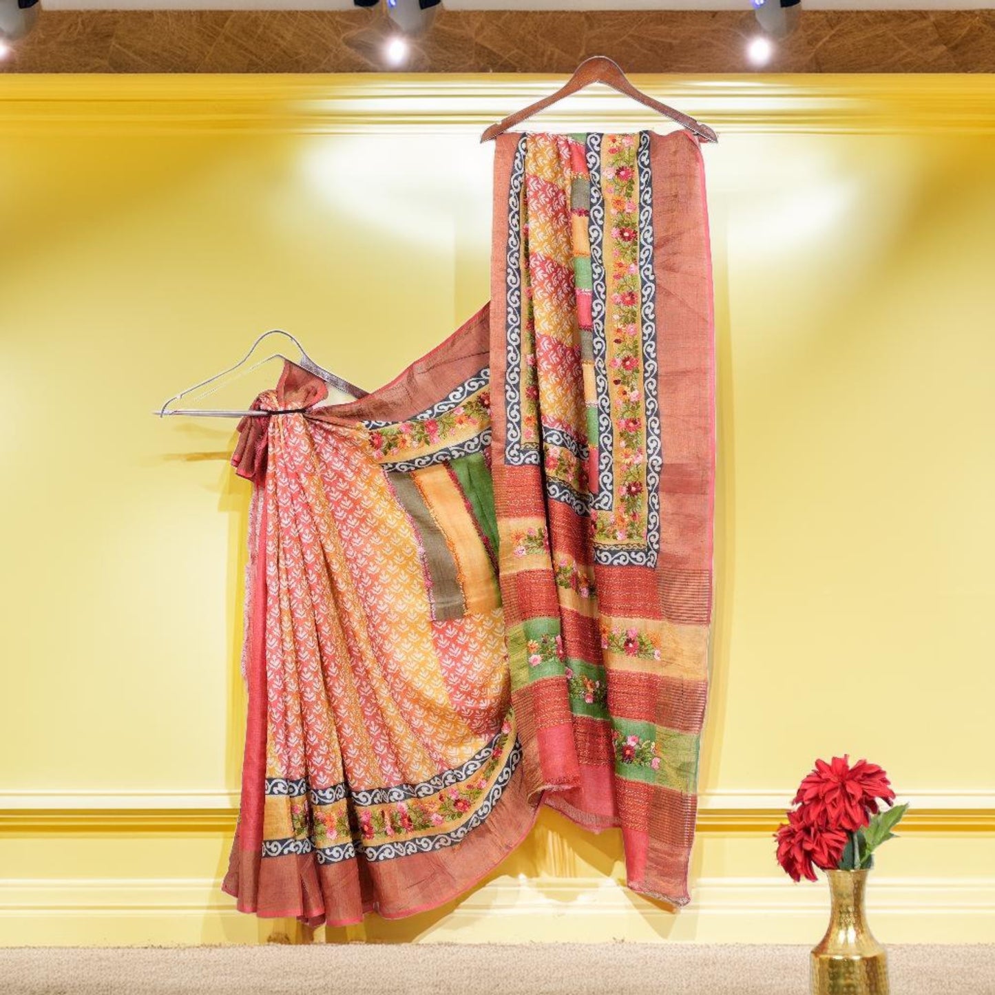 Pure Tussar Silk Saree with Handcrafted Parsi Work & Block Print | Attached matching work Blouse | Silk Mark Certified