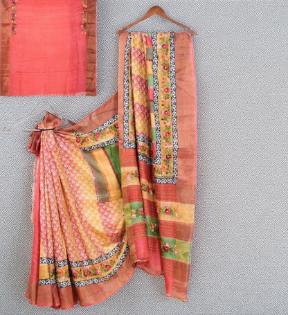 Pure Tussar Silk Saree with Handcrafted Parsi Work & Block Print | Attached matching work Blouse | Silk Mark Certified