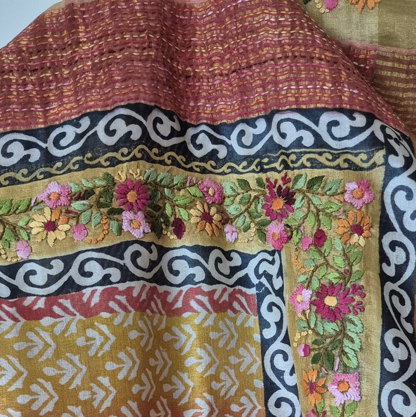 Pure Tussar Silk Saree with Handcrafted Parsi Work & Block Print | Attached matching work Blouse | Silk Mark Certified