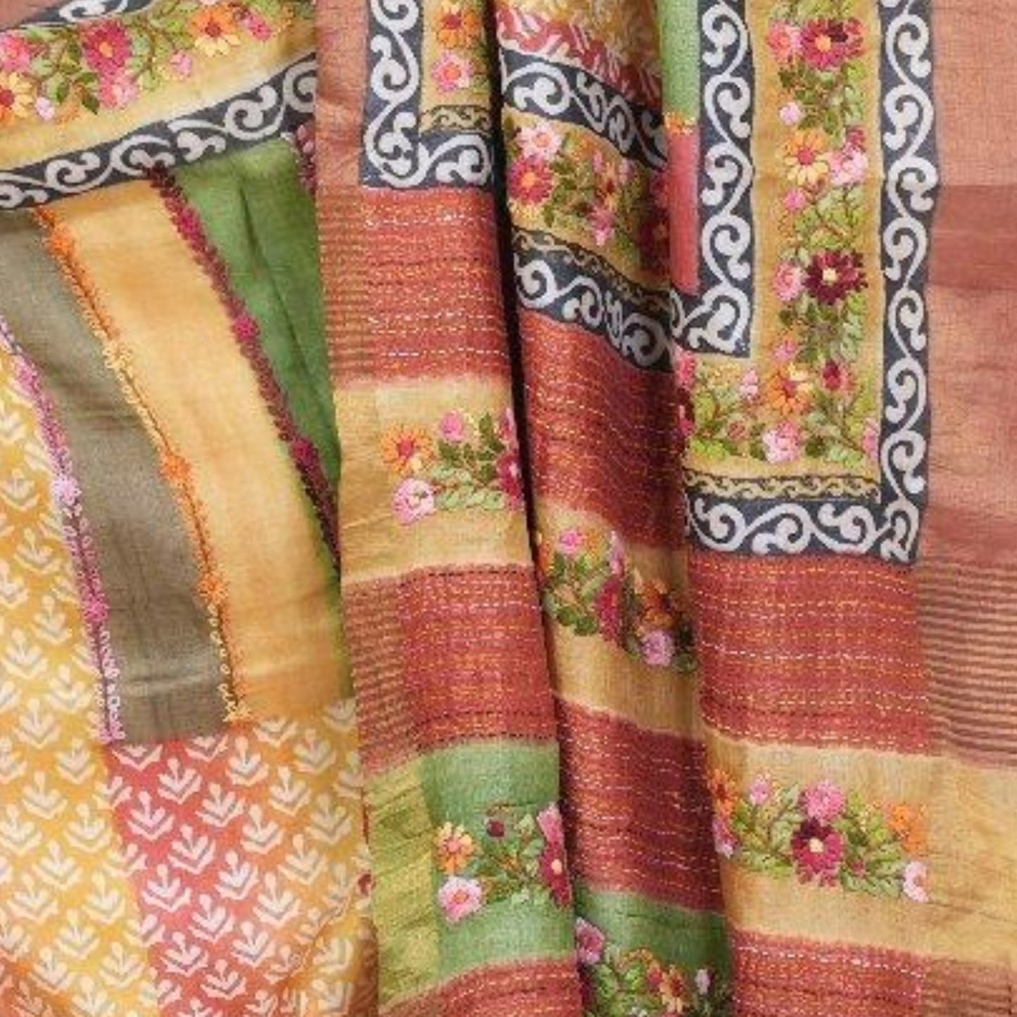 Pure Tussar Silk Saree with Handcrafted Parsi Work & Block Print | Attached matching work Blouse | Silk Mark Certified
