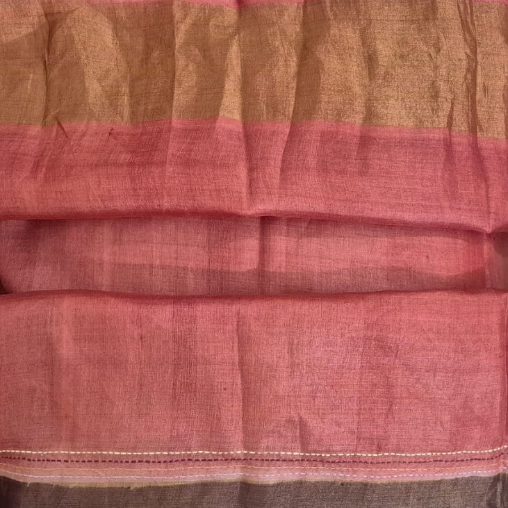 Pure Tussar Silk Saree with Hand Kantha Stitch | Attached Blouse | Silk Mark Certified