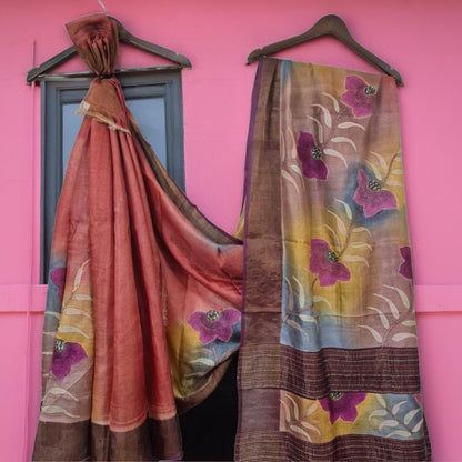 Pure Tussar Silk Saree with Hand Kantha Stitch | Attached Blouse | Silk Mark Certified