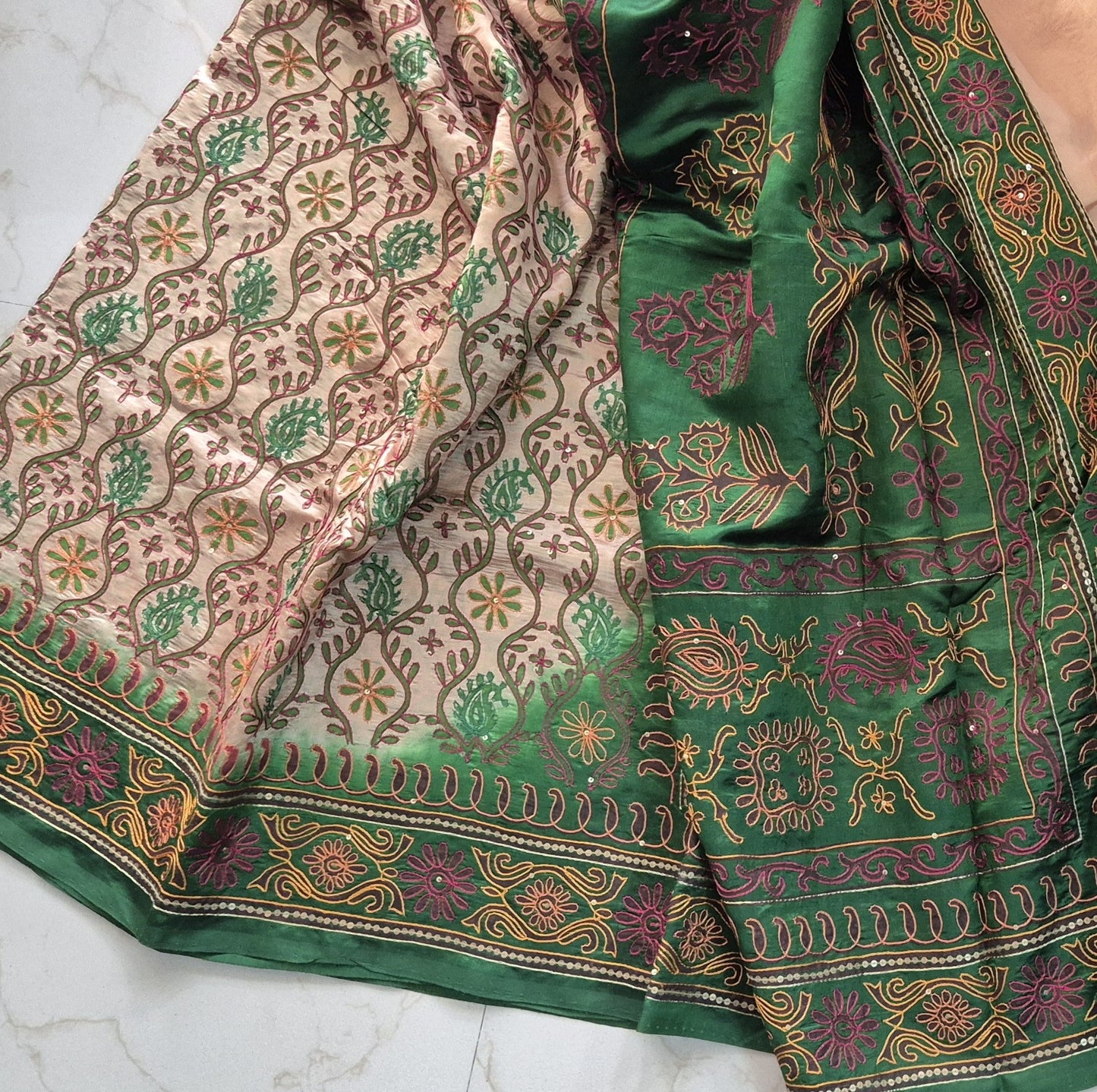 Pure Dupion Silk Saree with Hand Aari Stitch | Attached Blouse