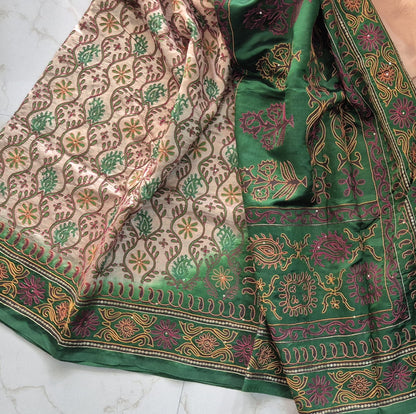 Pure Dupion Silk Saree with Hand Aari Stitch | Attached Blouse