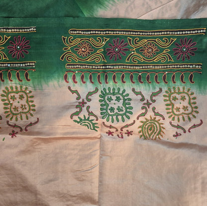 Pure Dupion Silk Saree with Hand Aari Stitch | Attached Blouse