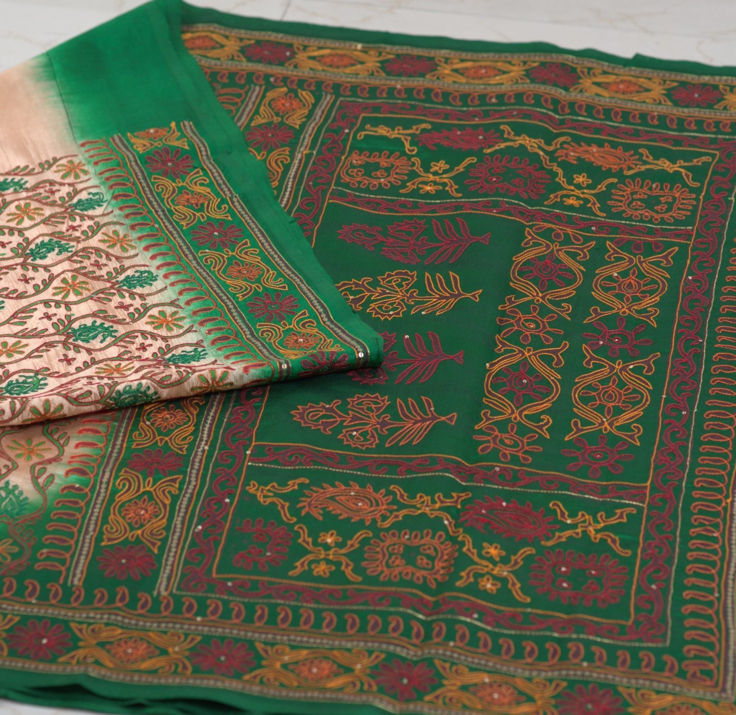 Pure Dupion Silk Saree with Hand Aari Stitch | Attached Blouse