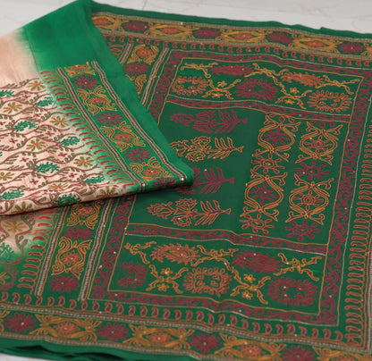 Pure Dupion Silk Saree with Hand Aari Stitch | Attached Blouse