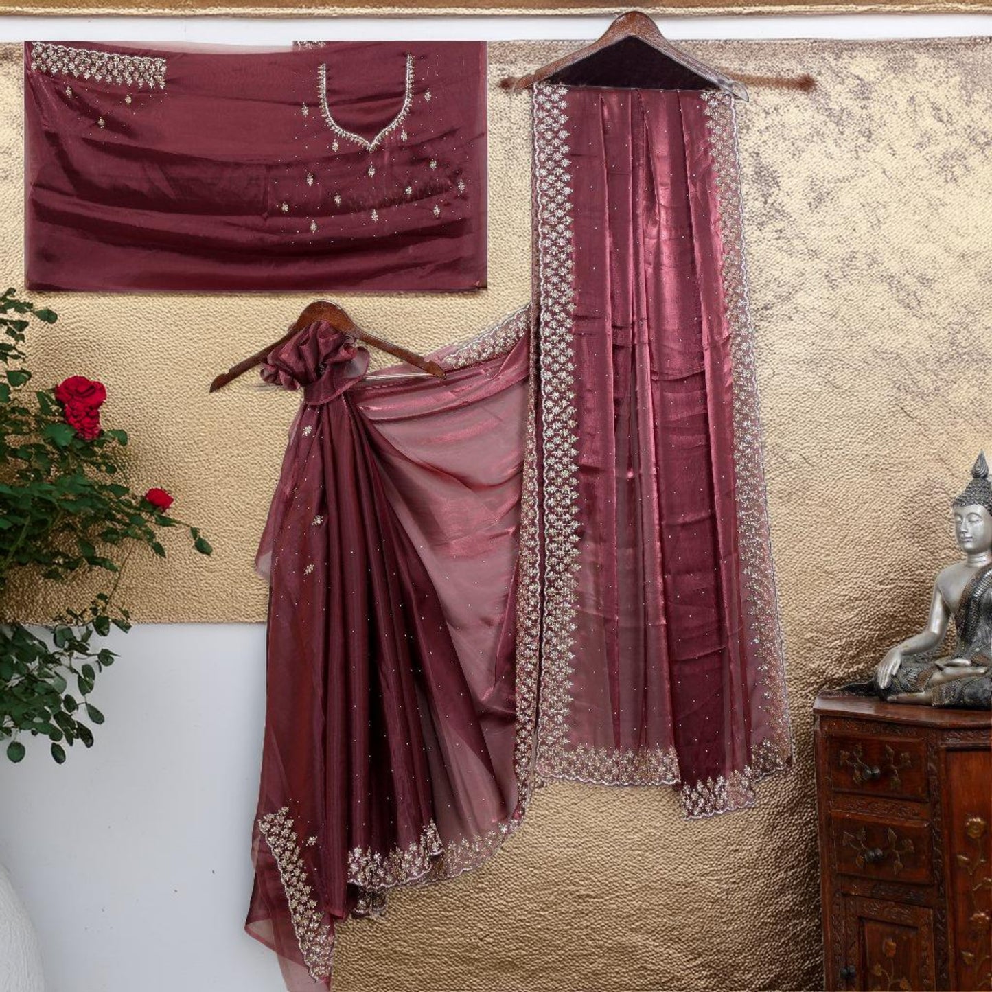Jimi Choo Fabric Saree with Handwork Katdhana and Stone Work | Attached full work  Blouse