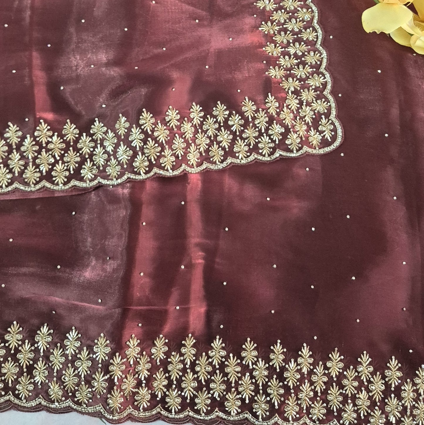 Jimi Choo Fabric Saree with Handwork Katdhana and Stone Work | Attached full work  Blouse